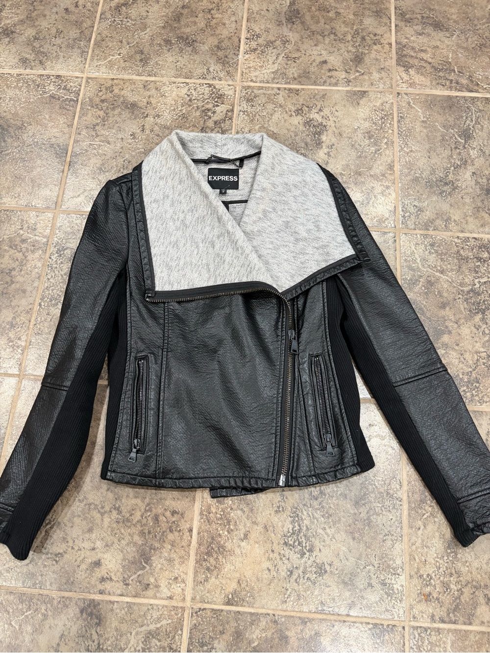 Express Black Faux-Leather Moto Jacket with Light Gray Shawl Collar